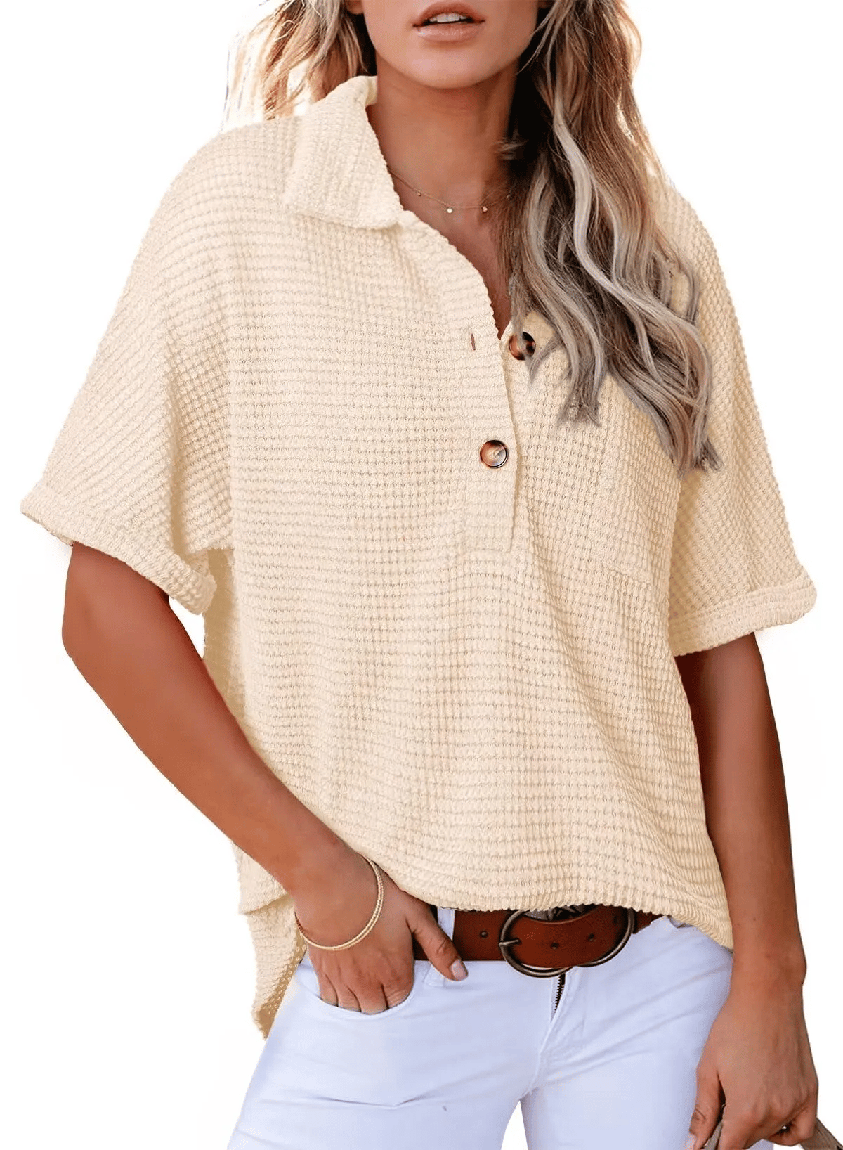 ✨ New Women's Waffle Knit Short Sleeve Tunic Henley Shirts