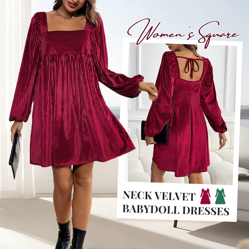 🎄Women's Square Neck Velvet Babydoll Dresses with Tie-Back
