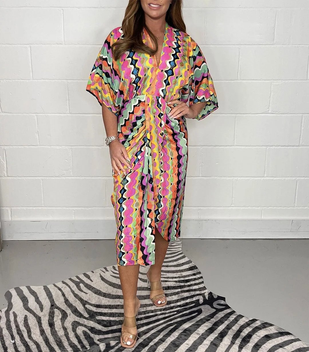 👗Geometry Multi Print V-neck Kimono Dress