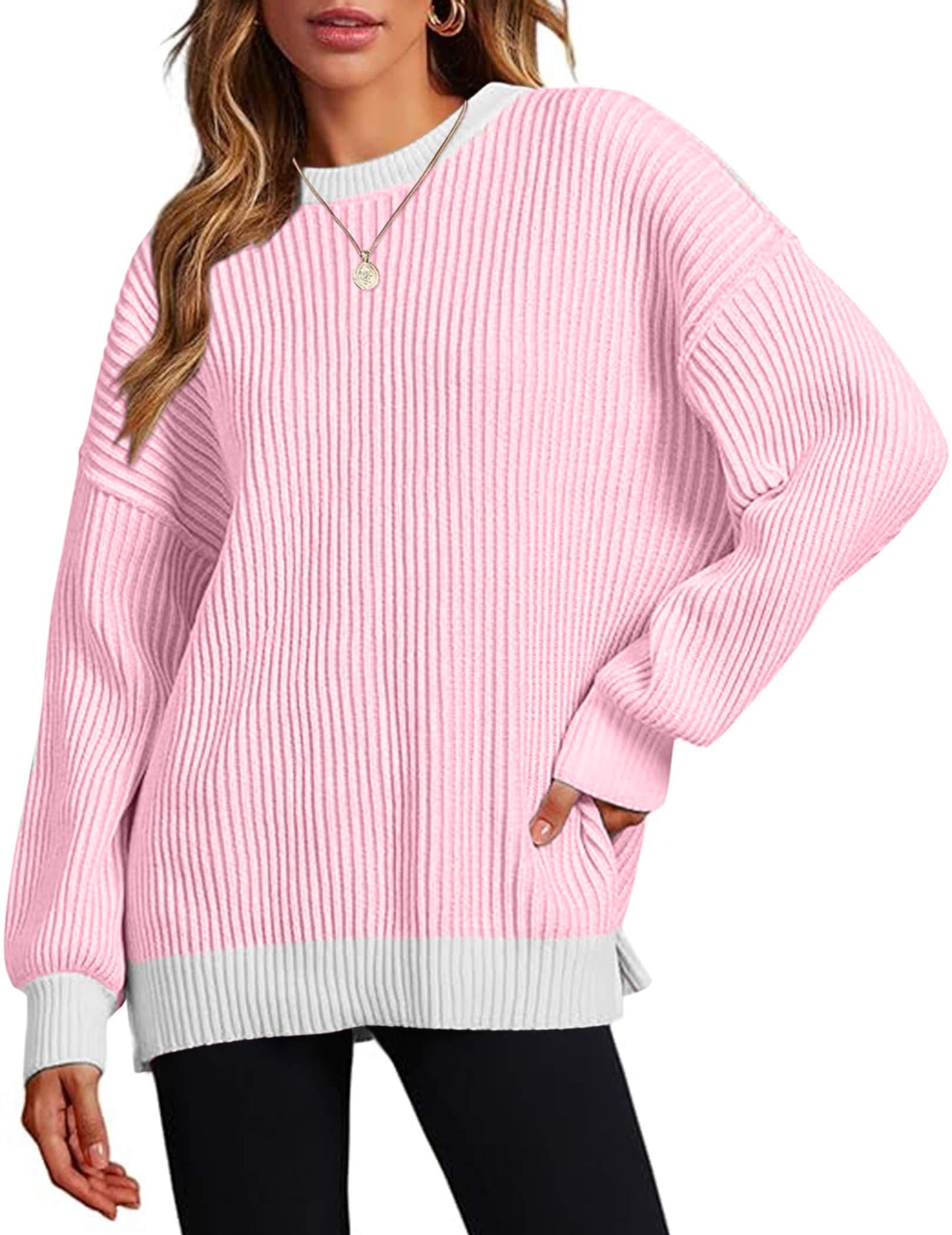 Women Striped Round Neck Rib Knit Blouse Sweater