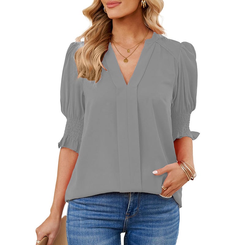 🔥WOMEN'S V NECK DRESSY PUFF RUFFLE BLOUSE CASUAL SHORT SLEEVE TOPS