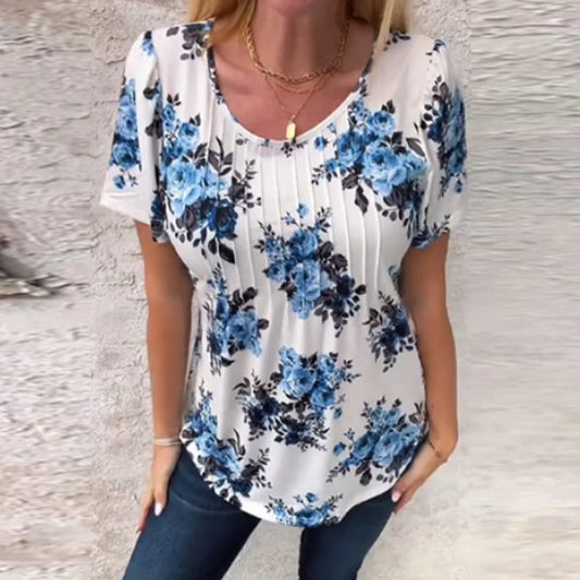 Vrouwen Loose Ronde Hals Korte Mouw Bloemen Blouse
