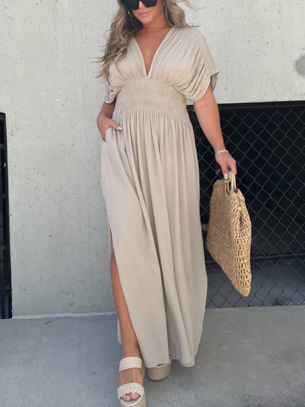SLIT V-NECK EFFORTLESS MAXI LONG DRESS