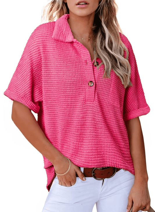 ✨ New Women's Waffle Knit Short Sleeve Tunic Henley Shirts