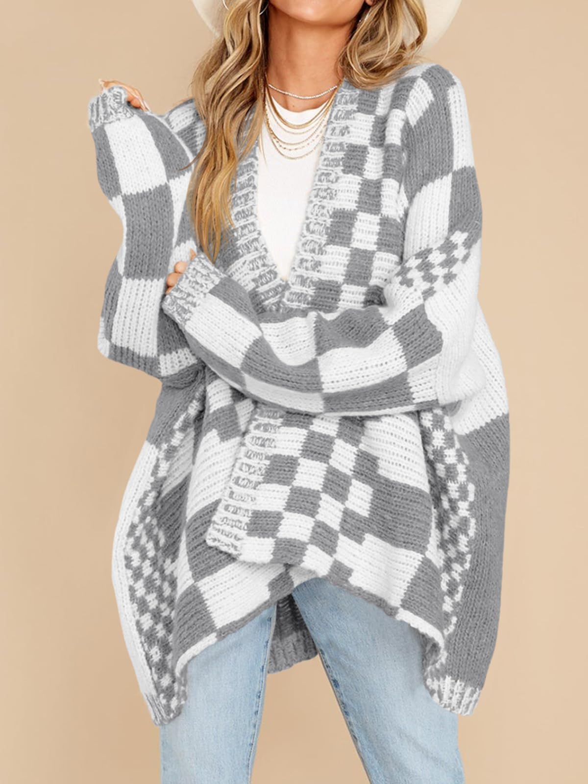 Womens Checkered Sweater Color Block Plaid Cardigans