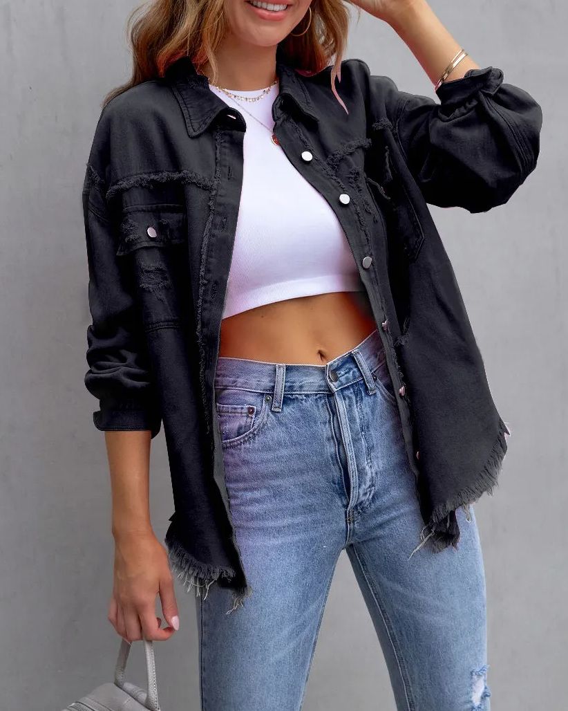 Women's Basic Casual Ripped Denim Jacket
