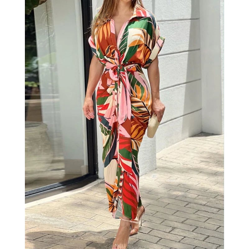 🌸Casual Lapel Neck Waist Print Shirt Dress