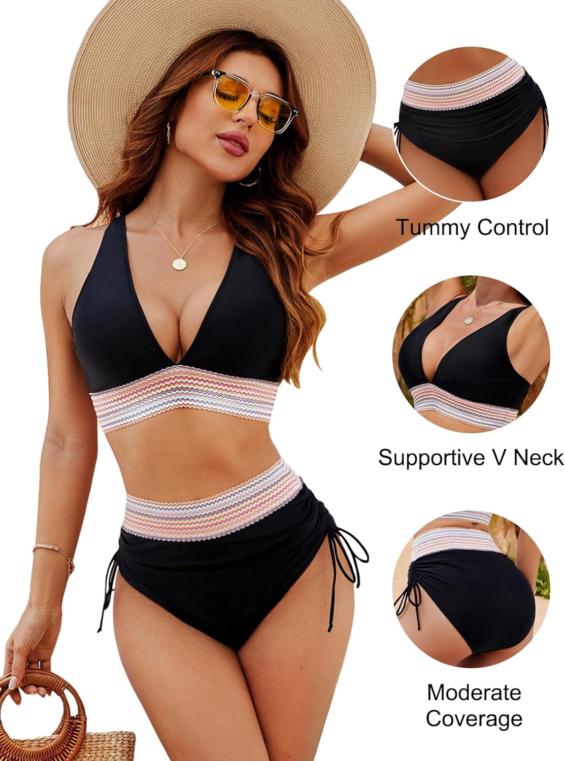 💃High Waisted Tummy Control Color Block Bikini Sets