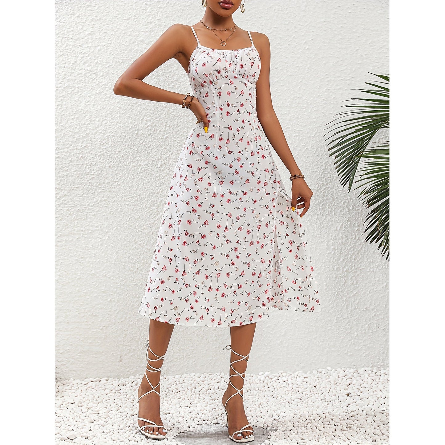 Polka Dot Print Maxi Dress with Sexy Slit and Suspender Straps