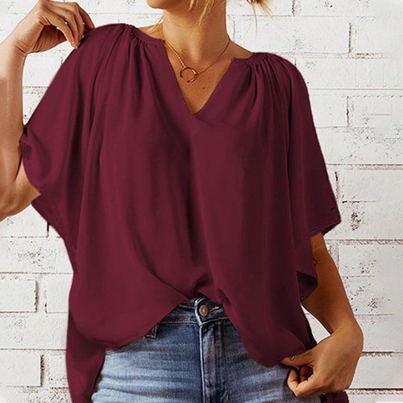 💖Summer top for women with batwing sleeves and V-neck, solid color