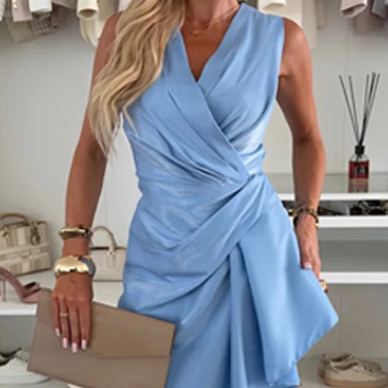 Satin V-Neck Ruched Midi Dress with Irregular Ruffle Hem