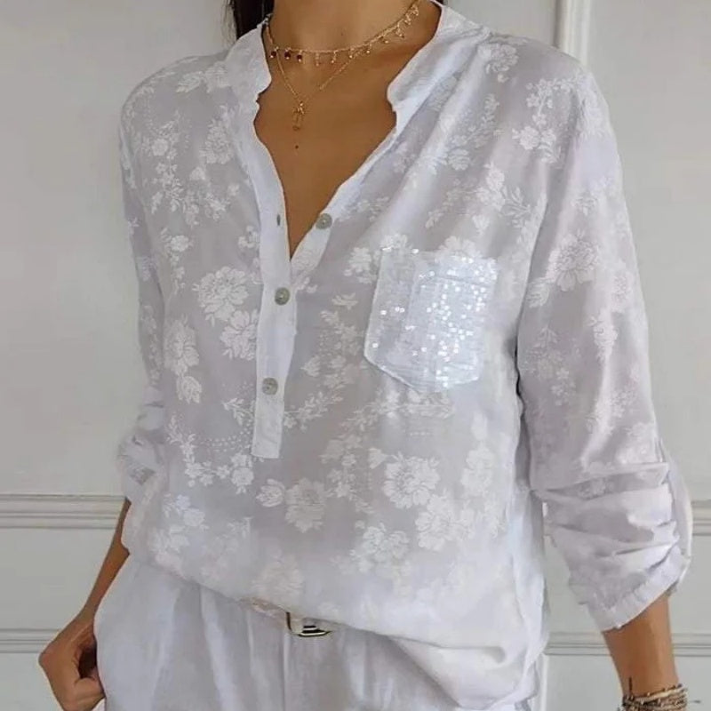 🌸 Women's Floral Print Long Sleeve Blouse with Sequin Pocket
