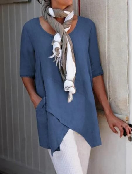 spring fashion solid color cotton linen pocket Tops