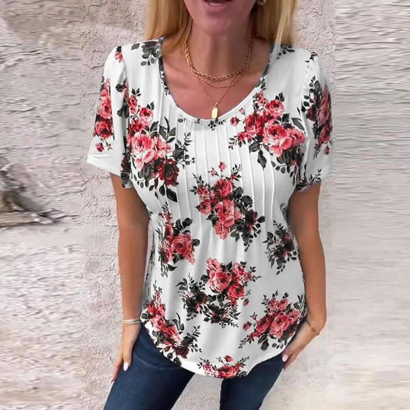 Vrouwen Loose Ronde Hals Korte Mouw Bloemen Blouse