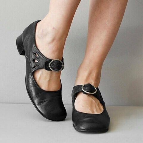 Mary Jane leather comfortable low heeled buckle strap shoes