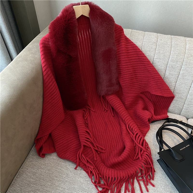 🔥Winter Knit Fringe Fur Collar Shawl