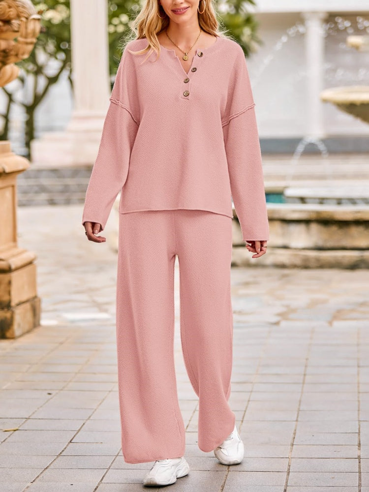 Women's Long Sleeve Button Knit Pullover Sweater and Pants Lounge 2 Piece Outfit Sets