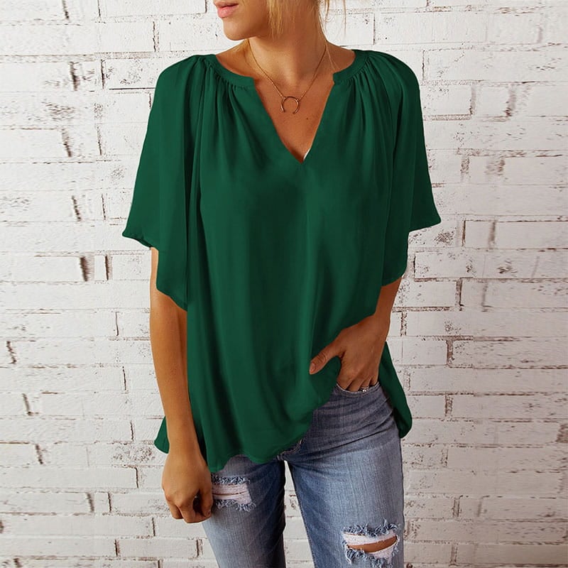 💖Summer top for women with batwing sleeves and V-neck, solid color