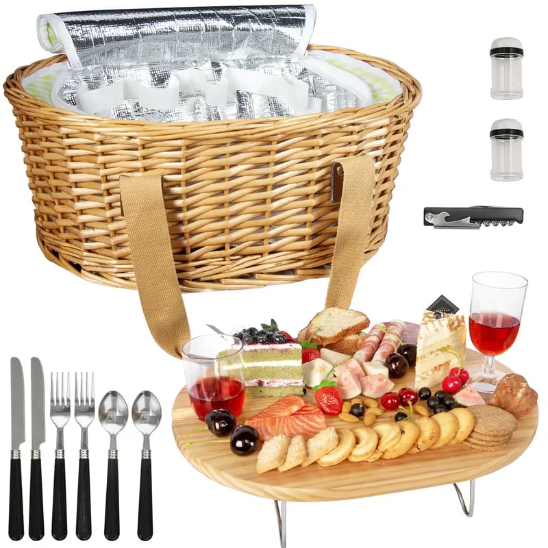 insulated wicker picnic basket with foldable wine table and tableware service set