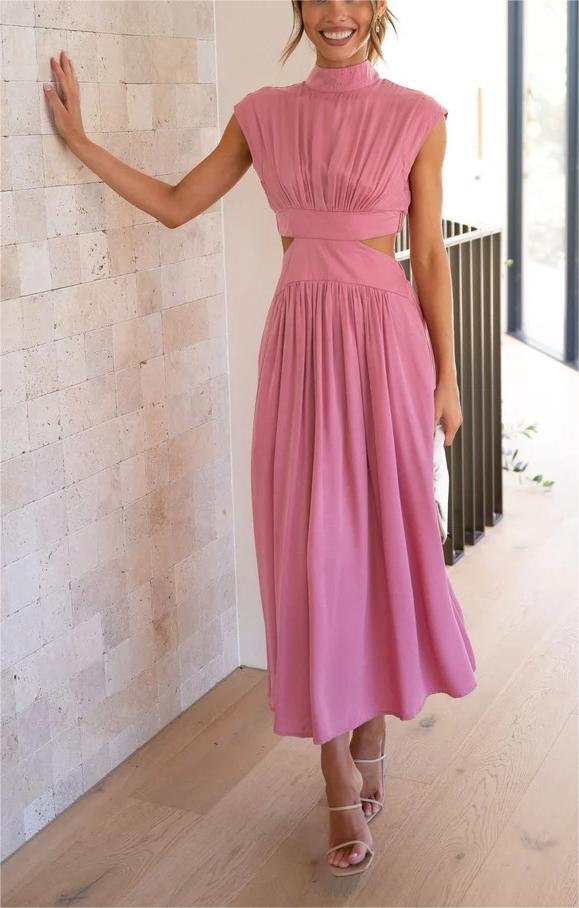 Cutout Waist Pocketed Vacation Midi Dress
