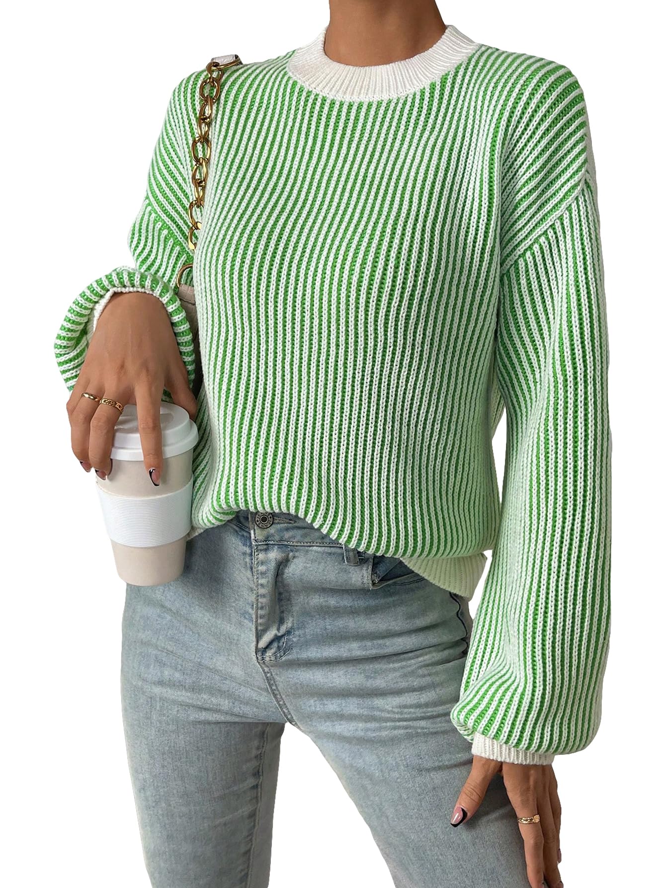 Women Striped Round Neck Rib Knit Blouse Sweater