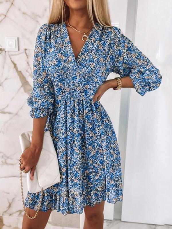 V-Neck Pleated Floral Print Mini Dress