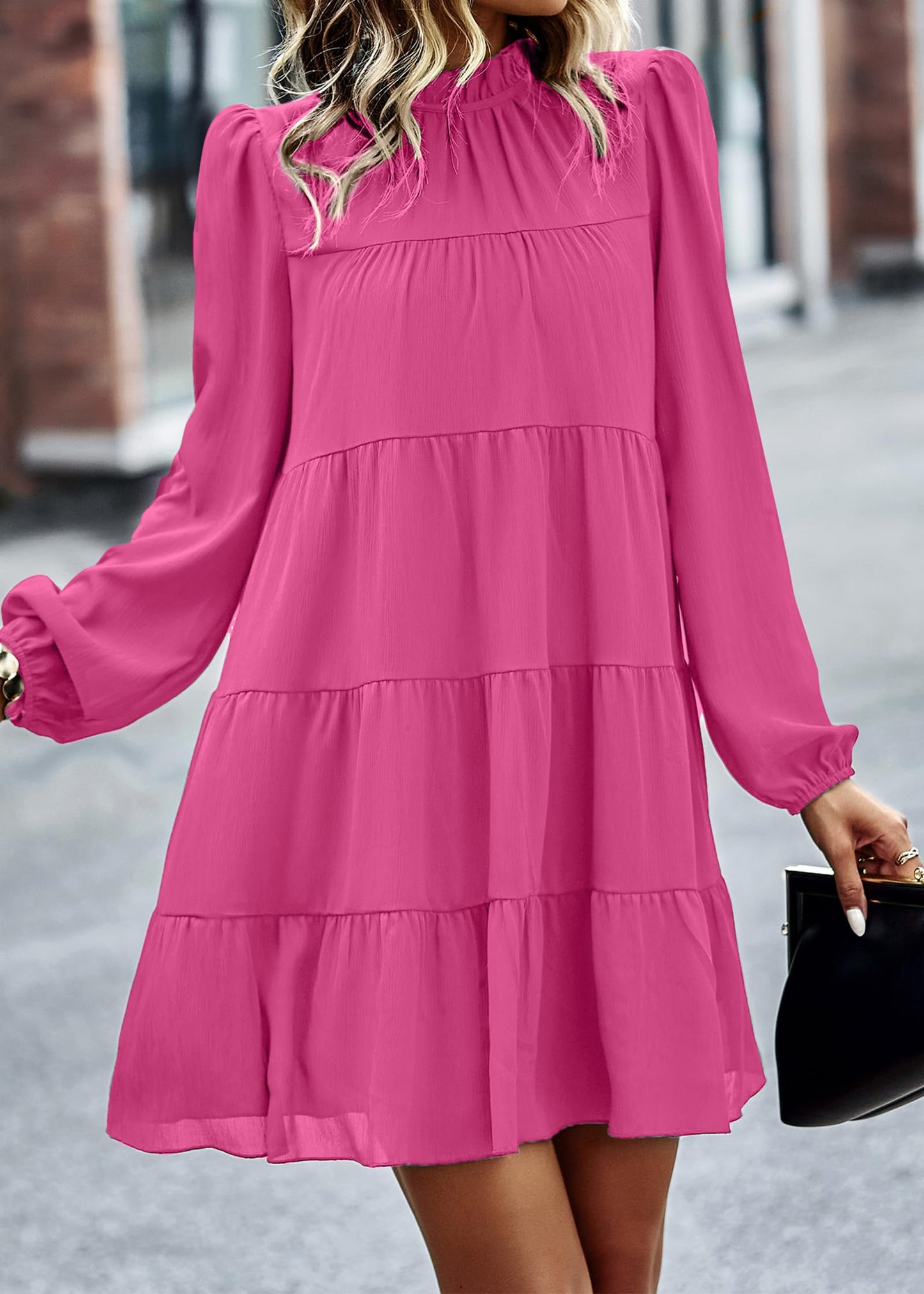 Womens Casual Long Sleeve Mock Neck Ruffle Tiered Babydoll Dress