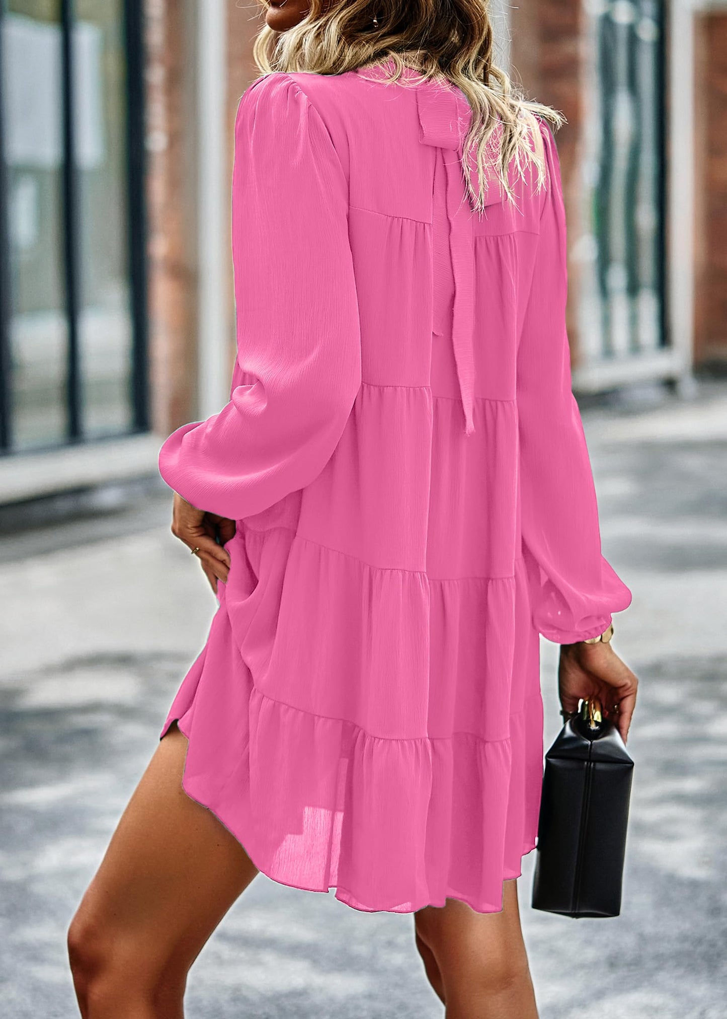 Womens Casual Long Sleeve Mock Neck Ruffle Tiered Babydoll Dress