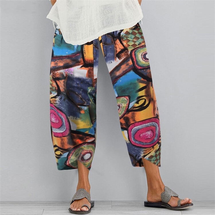 Women Printed Cotton Linen Wide Leg Drawstring Waist Capris Crop Pants