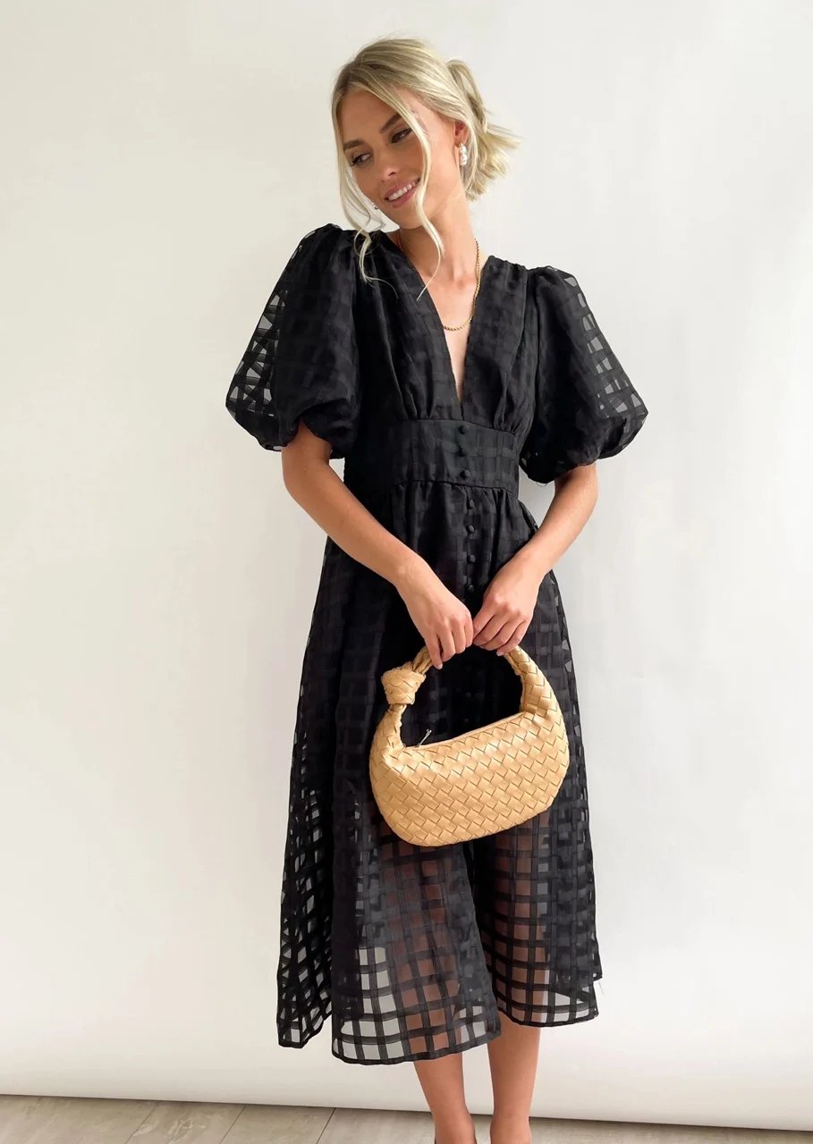 🔥🔥 Beauty Square Patterned Fabric Puff Sleeve Midi Dress