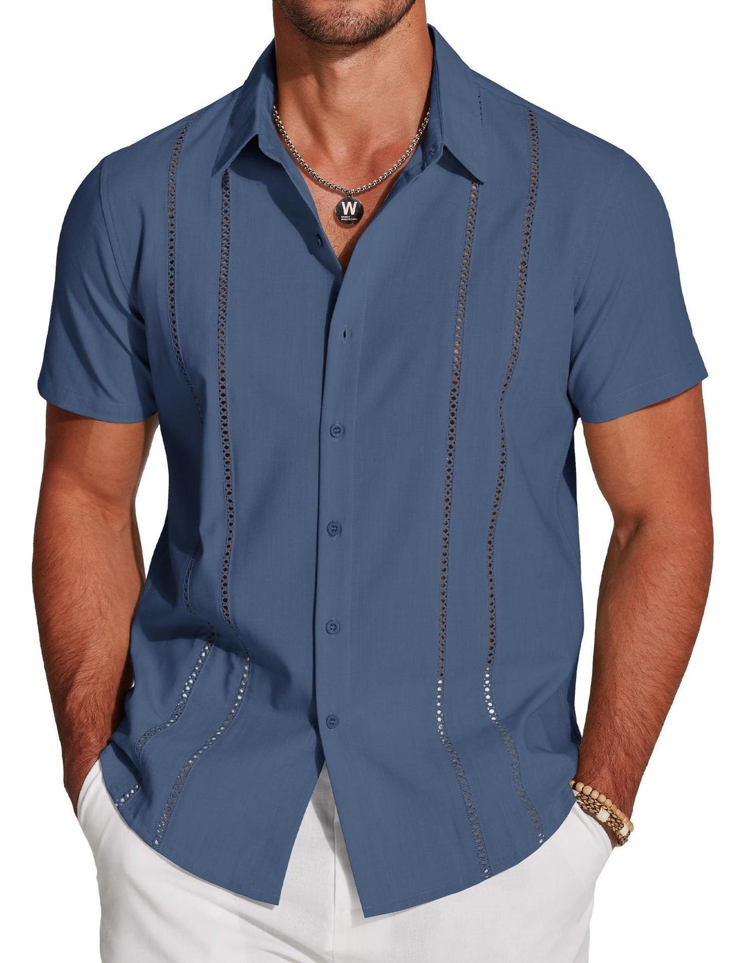 Men's Cuba Guayabera Exquisite Hollow Embroidered Button Front Shirt