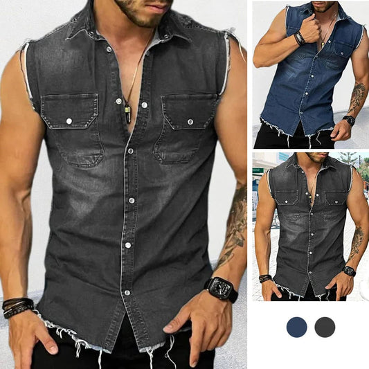 Men's Vintage Lapel Sleeveless Denim Shirt