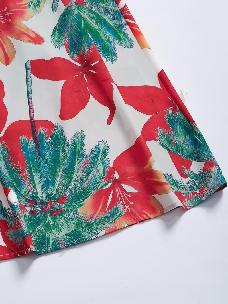 Women's Floral Print Chain Decor Split Thigh Tie Back Cami Dress