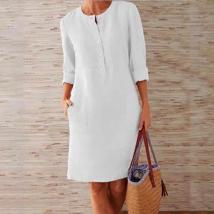 Pure Color Casual Cotton And Linen Round Neck Dress