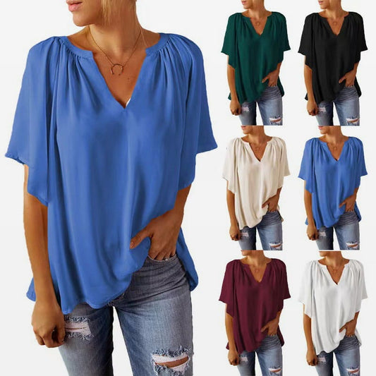 💖Summer top for women with batwing sleeves and V-neck, solid color