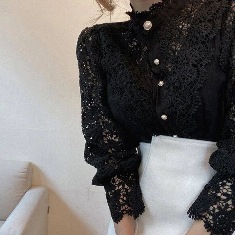 Hollow Floral High Neck Blouse
