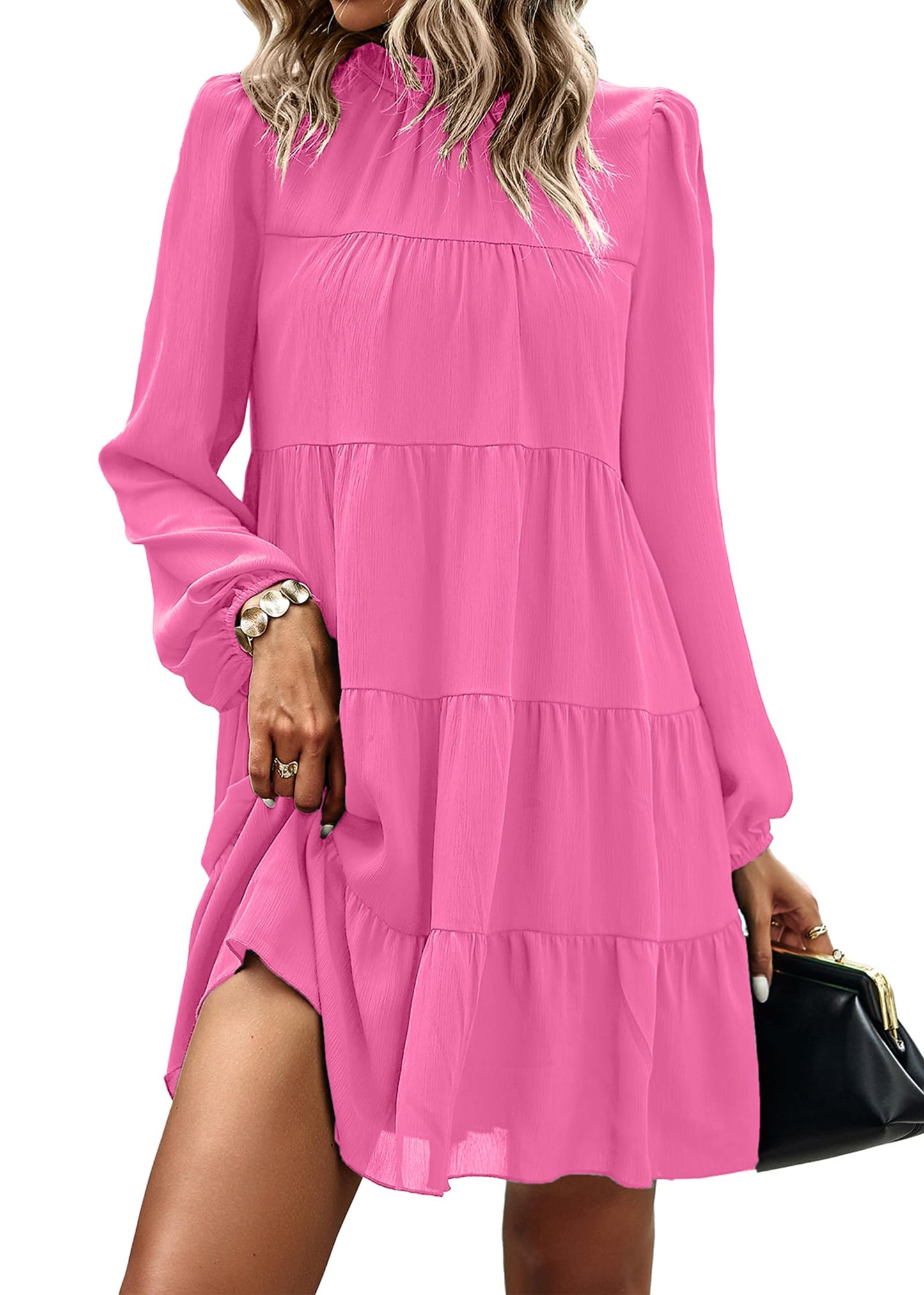 Womens Casual Long Sleeve Mock Neck Ruffle Tiered Babydoll Dress
