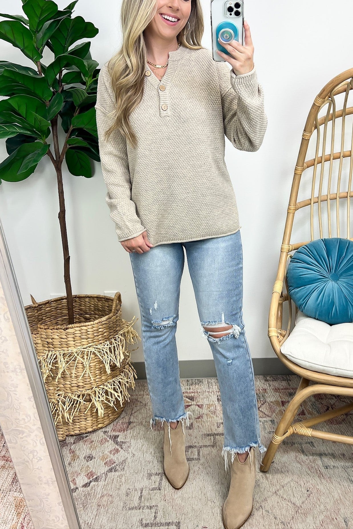HOT SALE Half Button Henley Knit Sweater