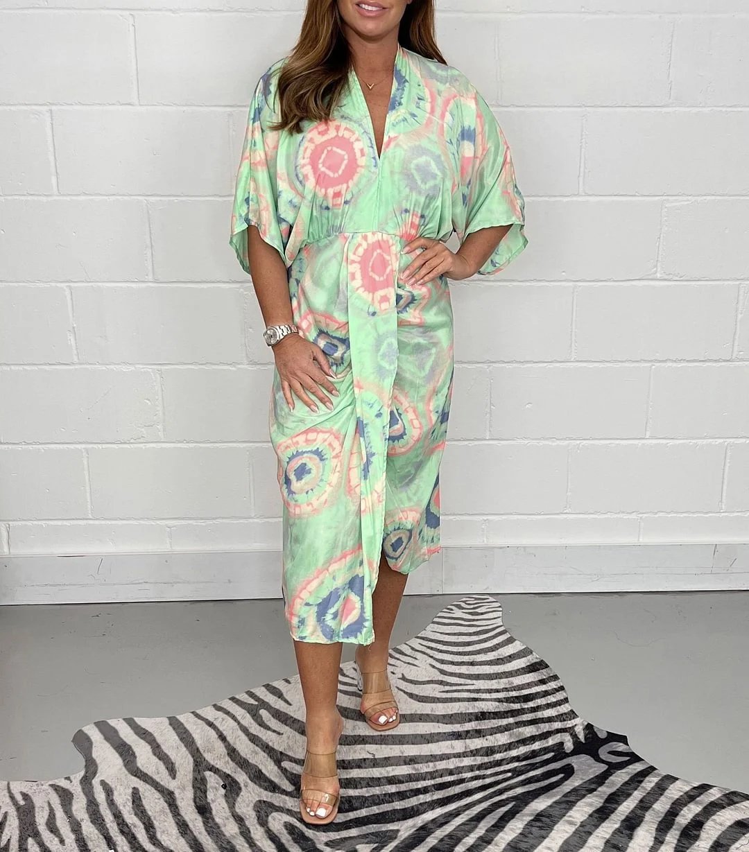 👗Geometry Multi Print V-neck Kimono Dress