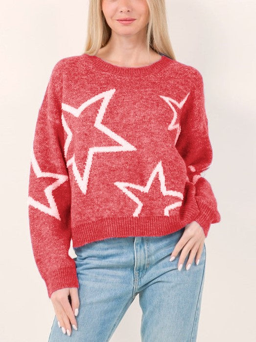 HOT SALE Star Pattern Contrast Long Sleeve Pullover Sweater