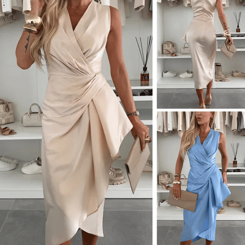 Satin V-Neck Ruched Midi Dress with Irregular Ruffle Hem