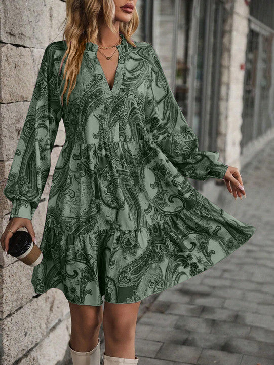 Women's Paisley Print Lantern Sleeve Ruffle Hem Smock Dress