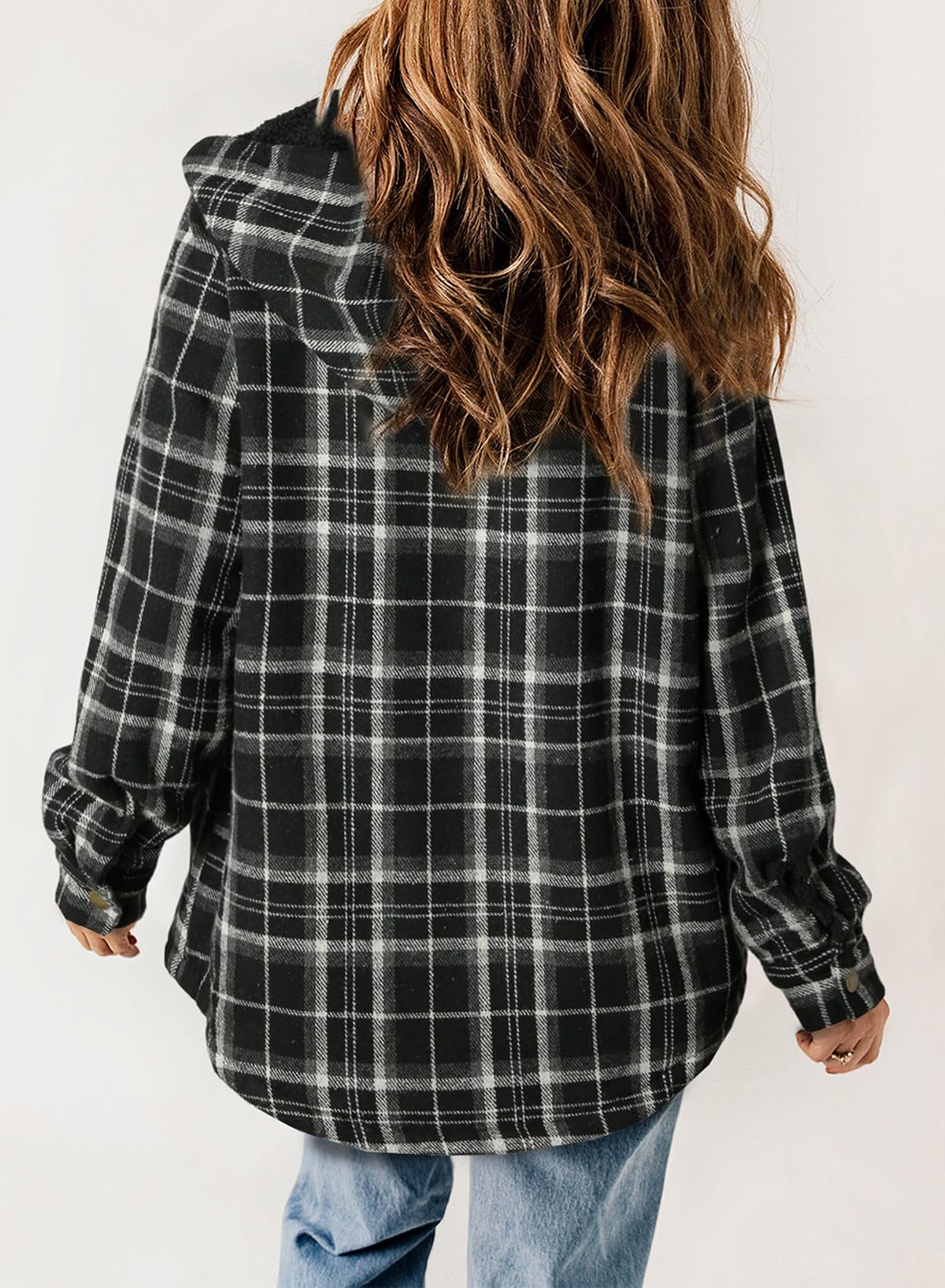 ⏰Hot Sale-Women's Plaid Long Sleeve Button Fleece Hooded Jacket