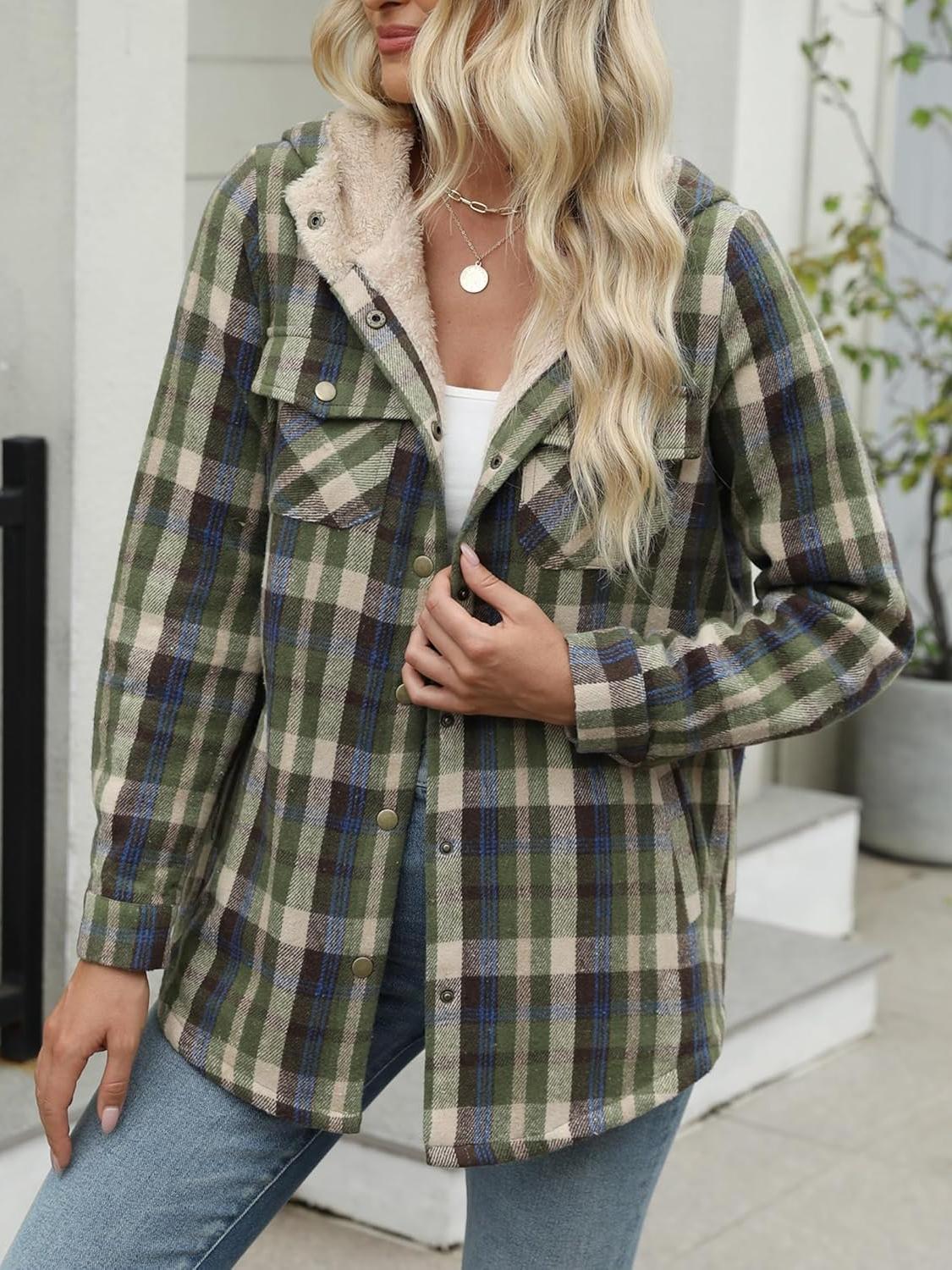 ⏰Hot Sale-Women's Plaid Long Sleeve Button Fleece Hooded Jacket