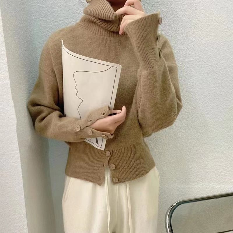 Women's Solid Color Turtleneck Sweater with Buttons