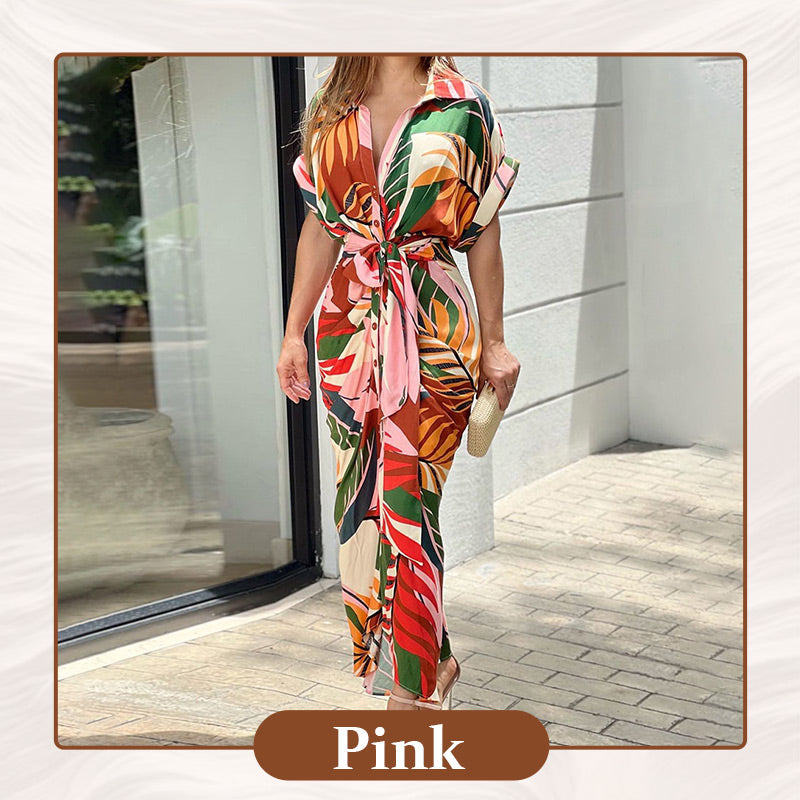 🔥Printed Waist Cinching Shirt Dress