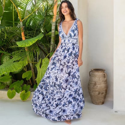 V Neck Lace Up Strip Plant Prints One Piece Swimsuit and Skirt/Sarong