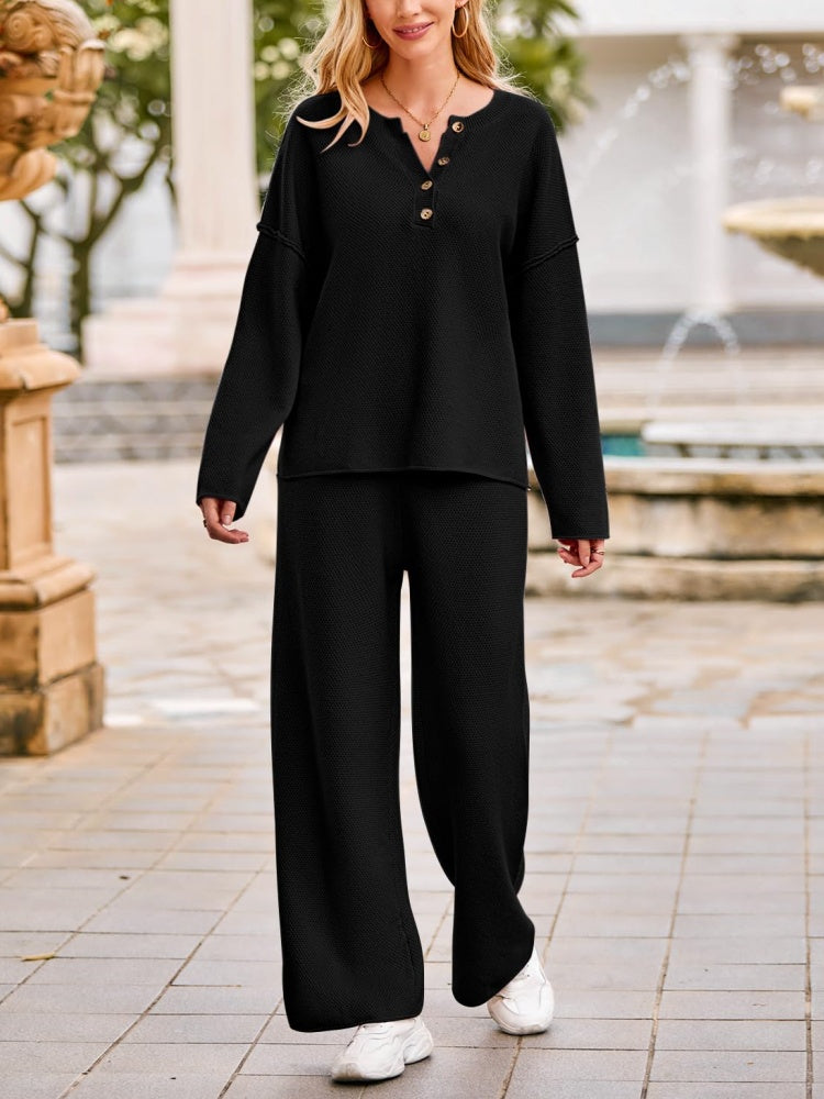 Women's Long Sleeve Button Knit Pullover Sweater and Pants Lounge 2 Piece Outfit Sets