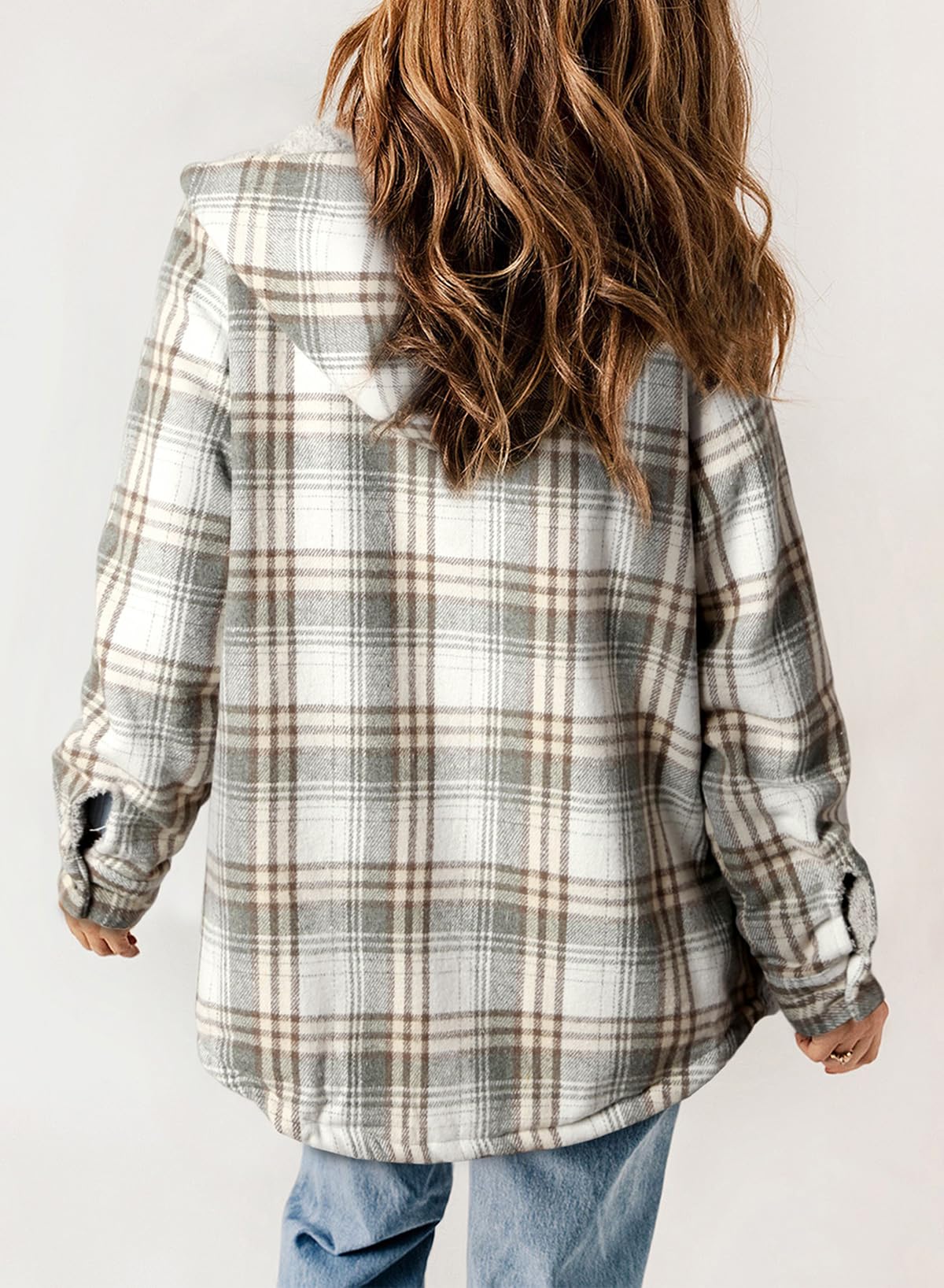 ⏰Hot Sale-Women's Plaid Long Sleeve Button Fleece Hooded Jacket