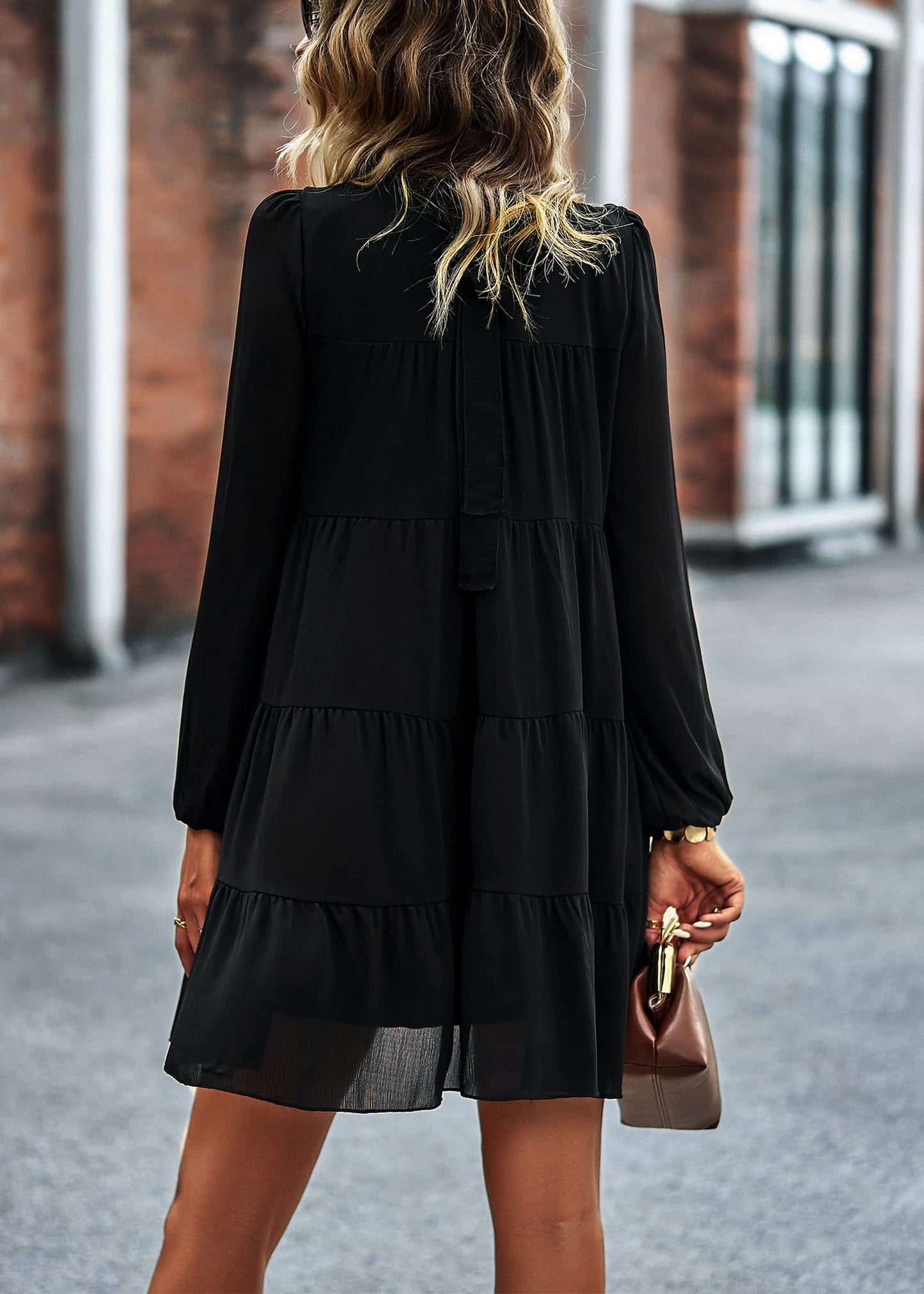 Womens Casual Long Sleeve Mock Neck Ruffle Tiered Babydoll Dress